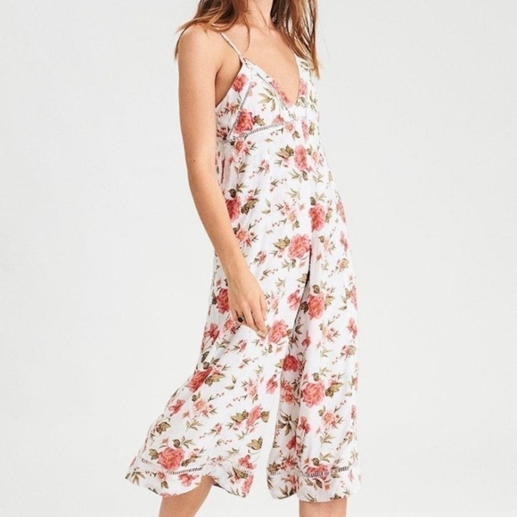 Aeo White Swiss Dot Floral Wide Leg Crop Jumpsuit - Picture 1 of 13